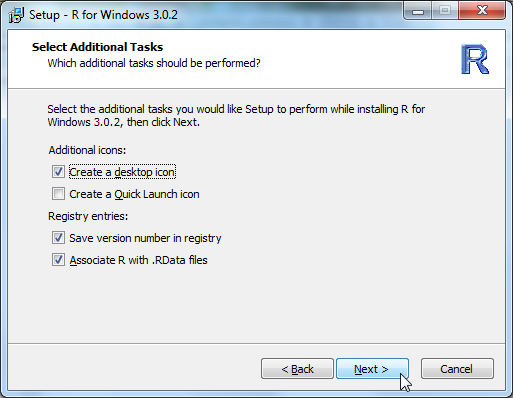 Setup R for Windows 3.0.2 select additional task