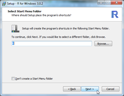 Setup R for Windows 3.0.2 select start menu folder