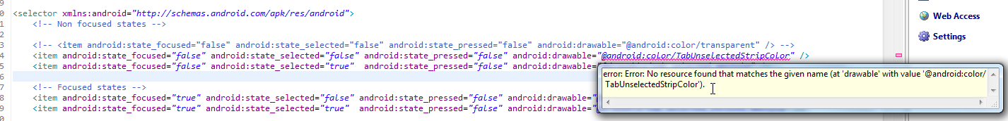 【已解决】Android中xml中引用自己已定义的Color时出错：error: Error: No resource found that matches the given name (at 'drawable' with value '@android:color/  TabUnselectedStripColor')