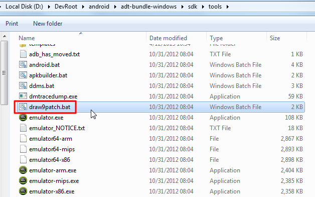 android adt-bundle-windows sdk tools draw9patch.bat file