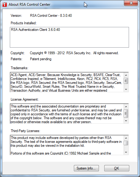 RSA Authentication Client 3.6.0.40 and Control Center 8.3.0.40 version