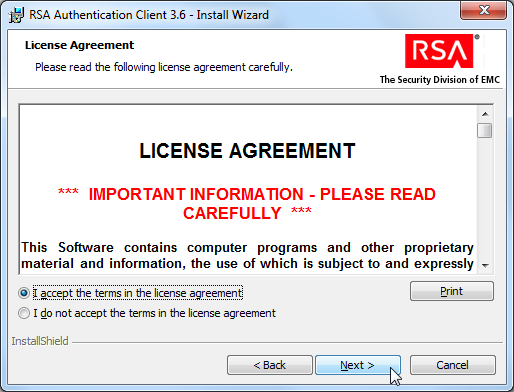 RSA authentication client 3.6 install wizard license agreement