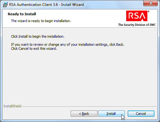 RSA authentication client 3.6 install wizard ready to install