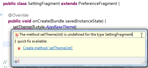 The method setTheme(int) is undefined for the type SettingFragment