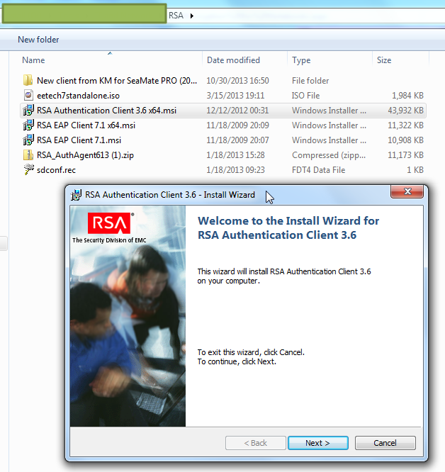 install RSA Authentication Client 3.6 x64 msi