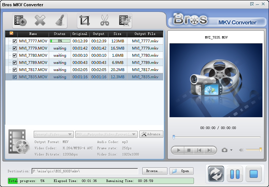 use bros mkv converter to convert mutiple file once