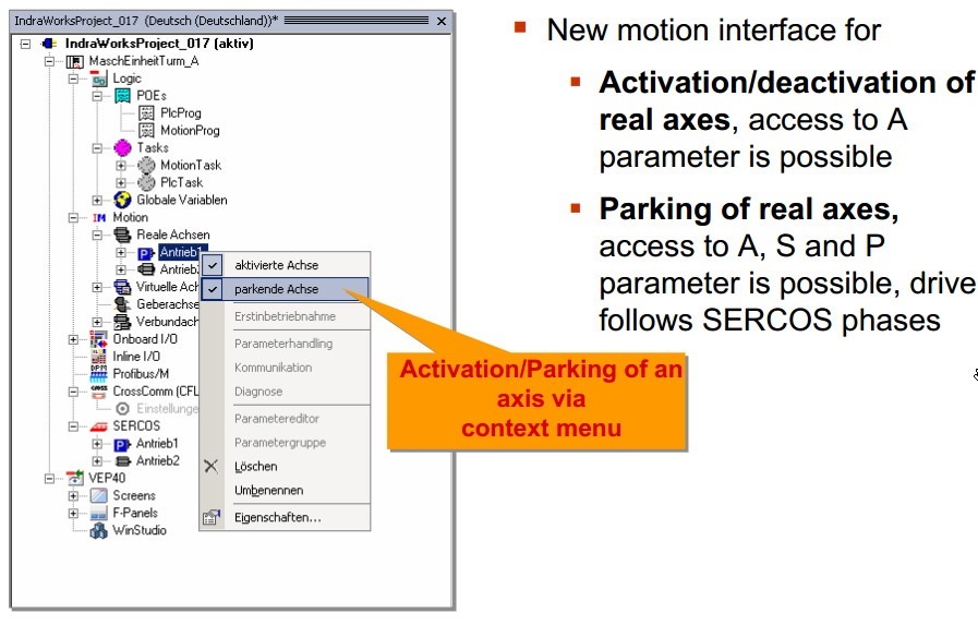 IndraWorks activation parking of an axis