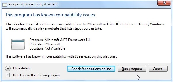 this program has known compatibility .net framework 1.1 