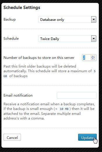 backup wordpress schedule settings databse only number of backups of store on this server 2