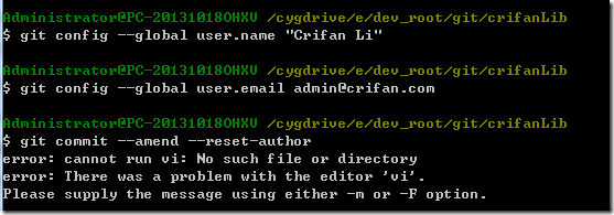 cygwin git config error cannot run vi