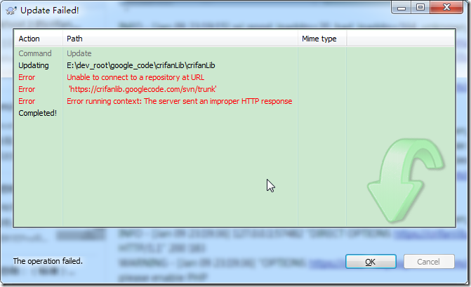 tortoisesvn update failed Error running context The server sent an improper HTTP response