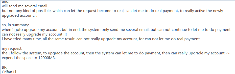 send hawk mail to complain can not pay and upgrade account 3