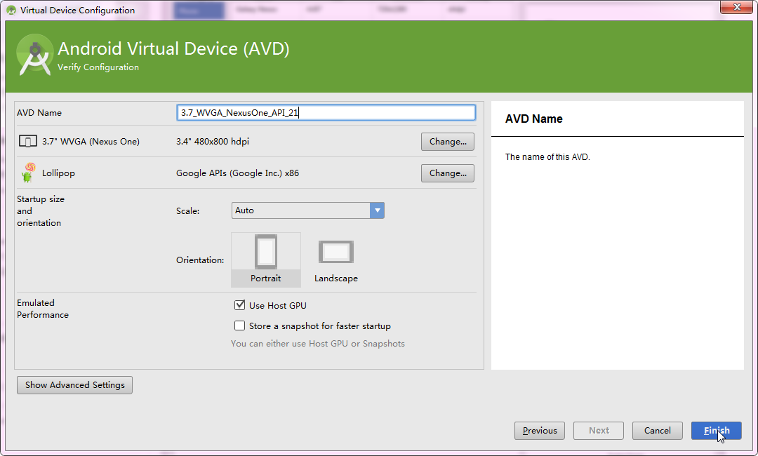 input avd name and use default settings finish