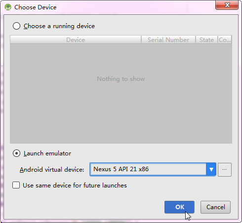 launch emulator choose Nexus 5 API 21x86