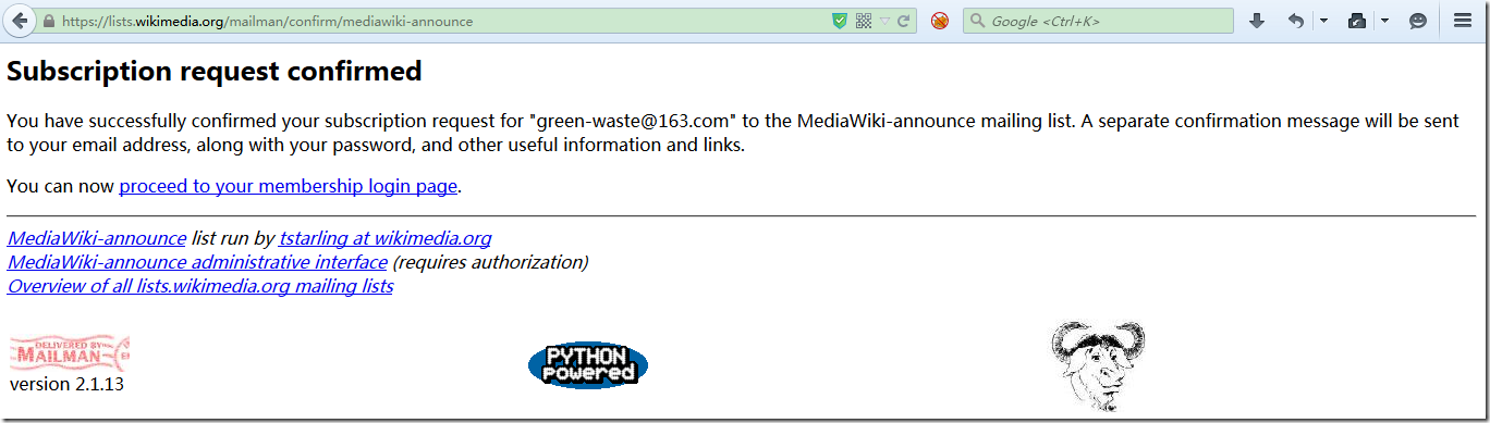 subscription request confirmed for mediawiki