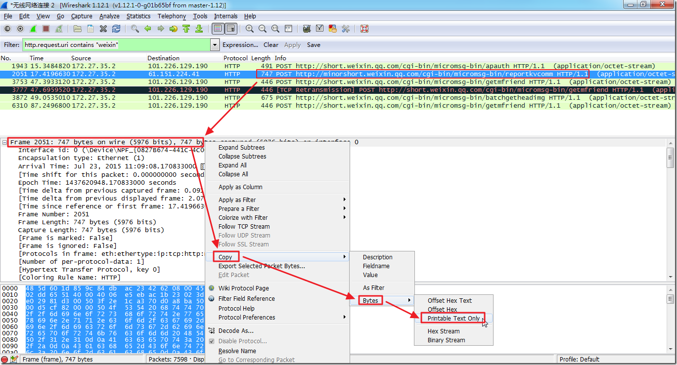 Wireshark Copy Bytes Printable Text Only