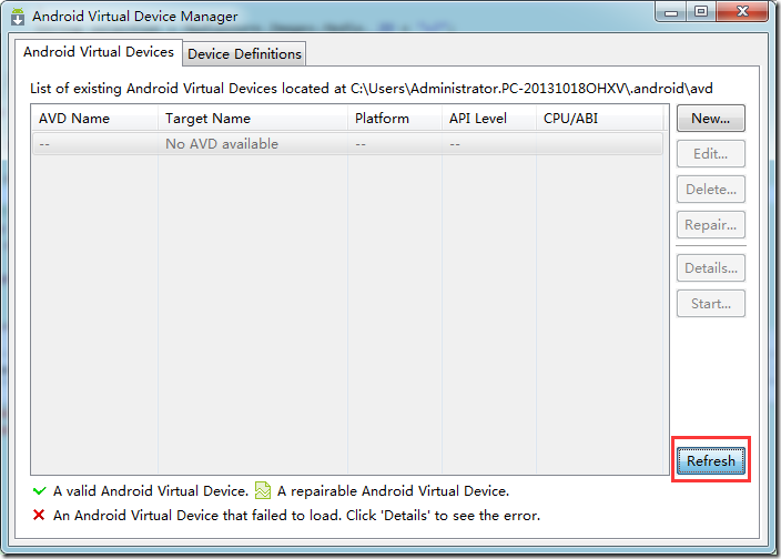 after kill and reboot adb avd manager refresh still not show device