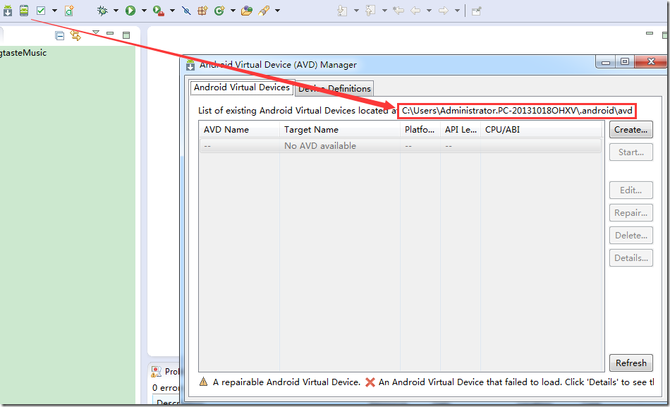 avd manager window show old android config file