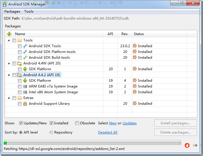 new adt bundle show api 19 android 4.4.2 installed