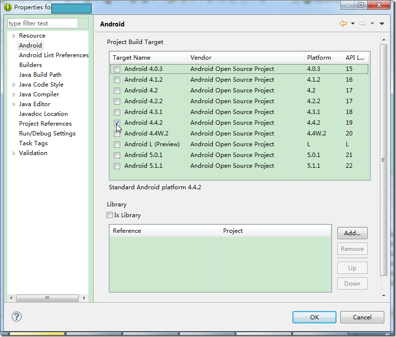 project build target choose android 4.4.2 api level 19