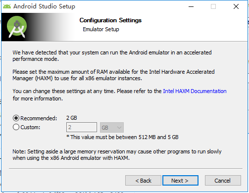 configuration settings emulator setup recommanded 2GB for HAXM