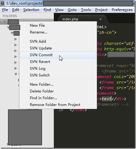 right click file or folder in sublime left panel show svn commit