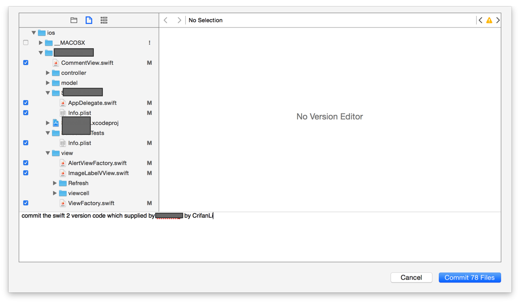 xcode commit let file list right no version editor