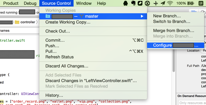 xcode source control configure master for project