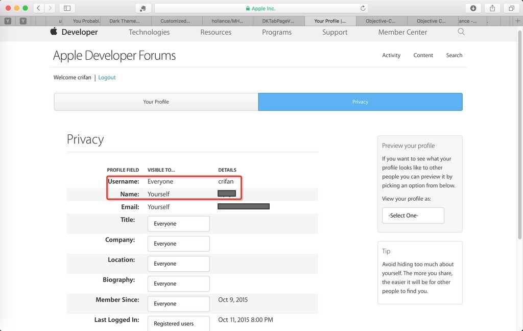 apple developer forum privacy also show name ok