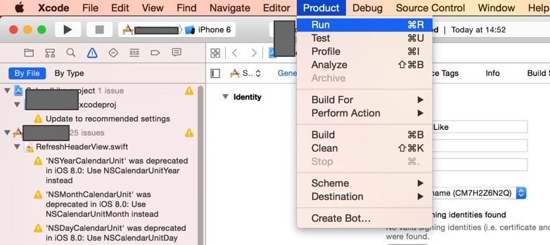 xcode product choose run to show app