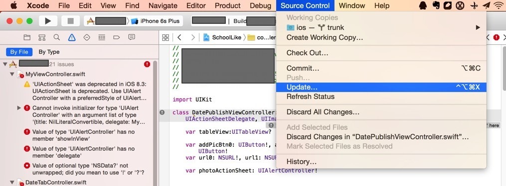 xcode source control update code