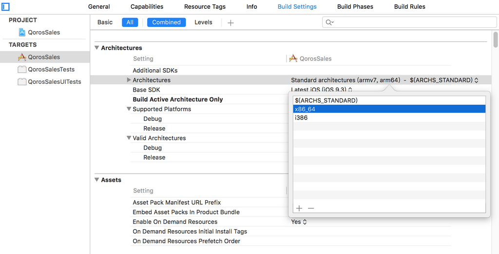 add x86_64 and i386 for architectures of xcode