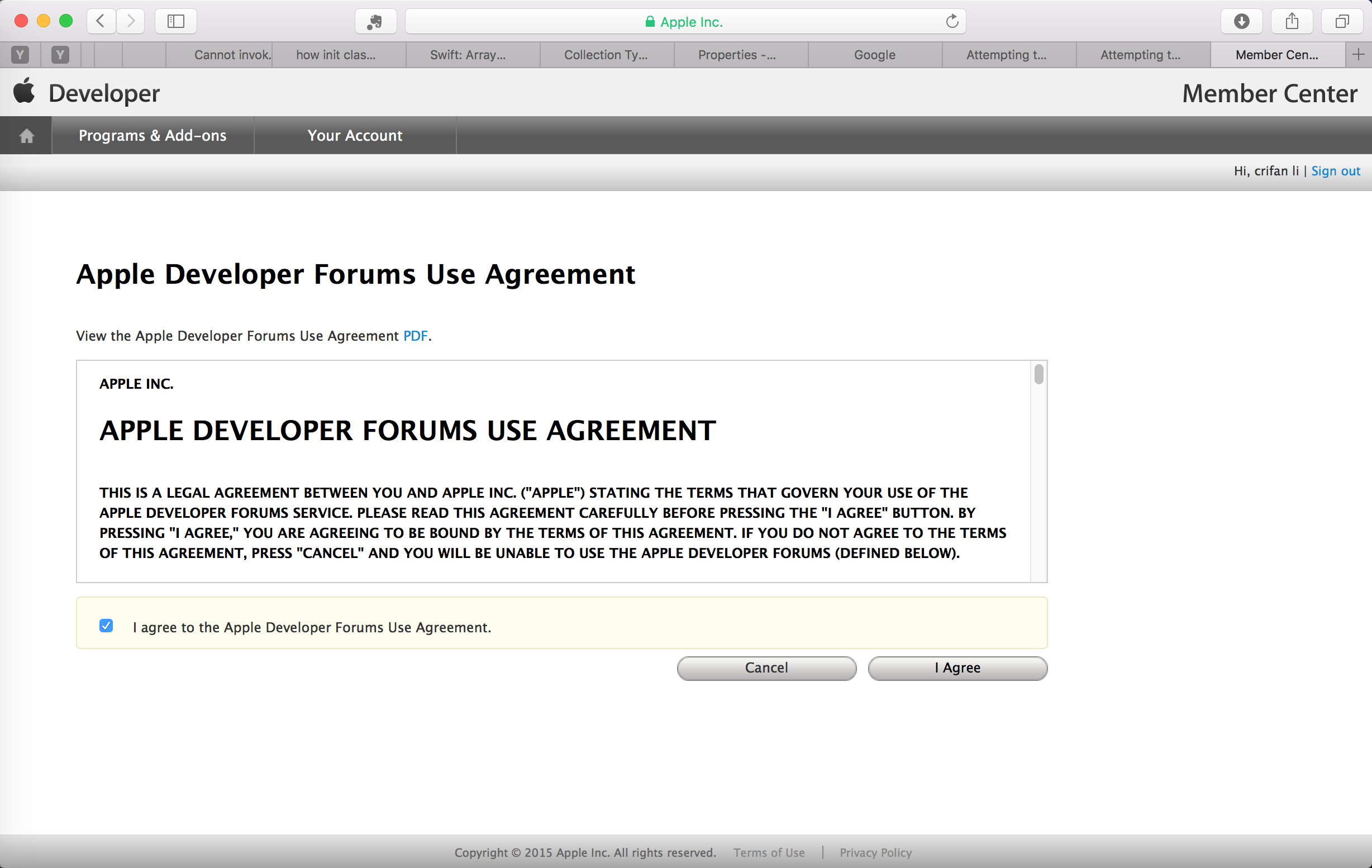 apple developer forum use agreement