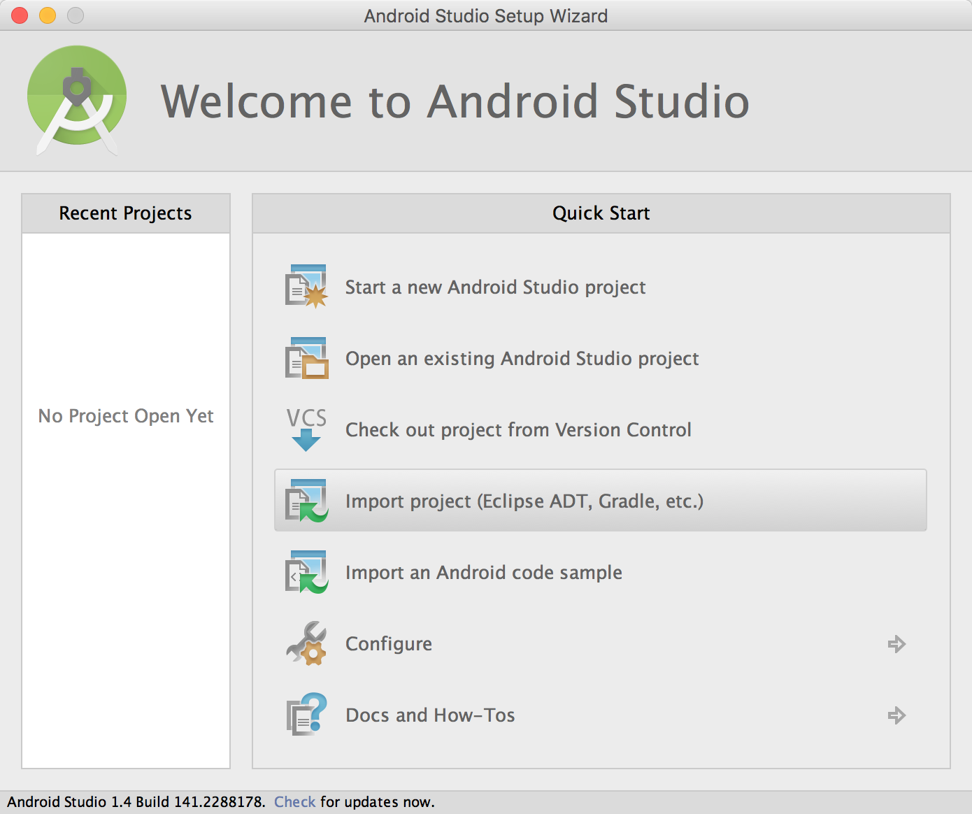 no projects for welcome android studio
