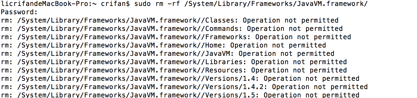 rm JavaVM.framework opeation not permitted