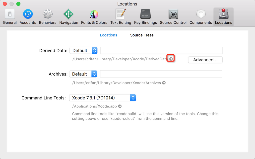 xcode preferences locations derived data default