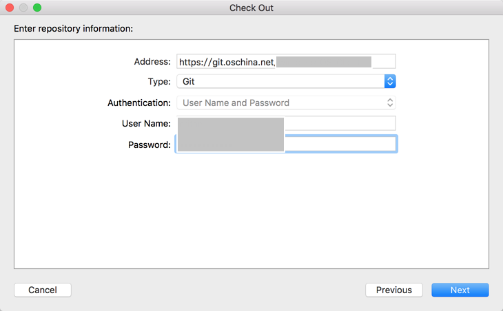address git type git user name and password