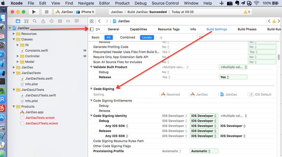 jiandao project build settings show code sign