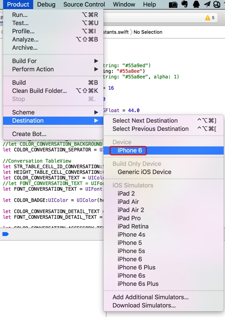 xcode Product Destination show iPhone6
