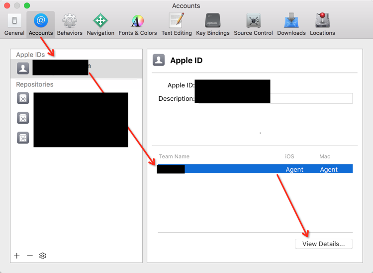 xcode acounts view details for selected id