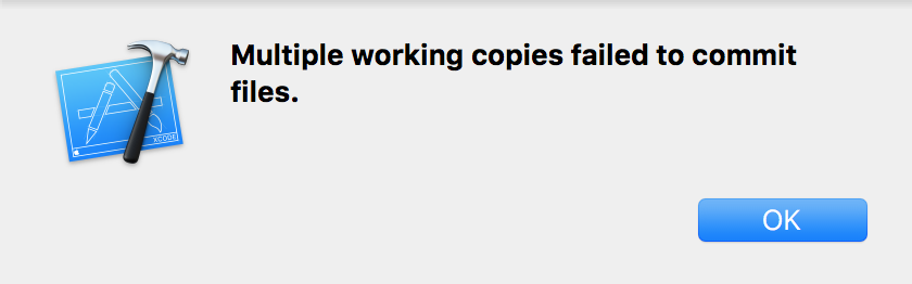 ［基本解决］Xcode提交本地导入的代码到远程服务器时出错：Multiple working copies failed to commit files